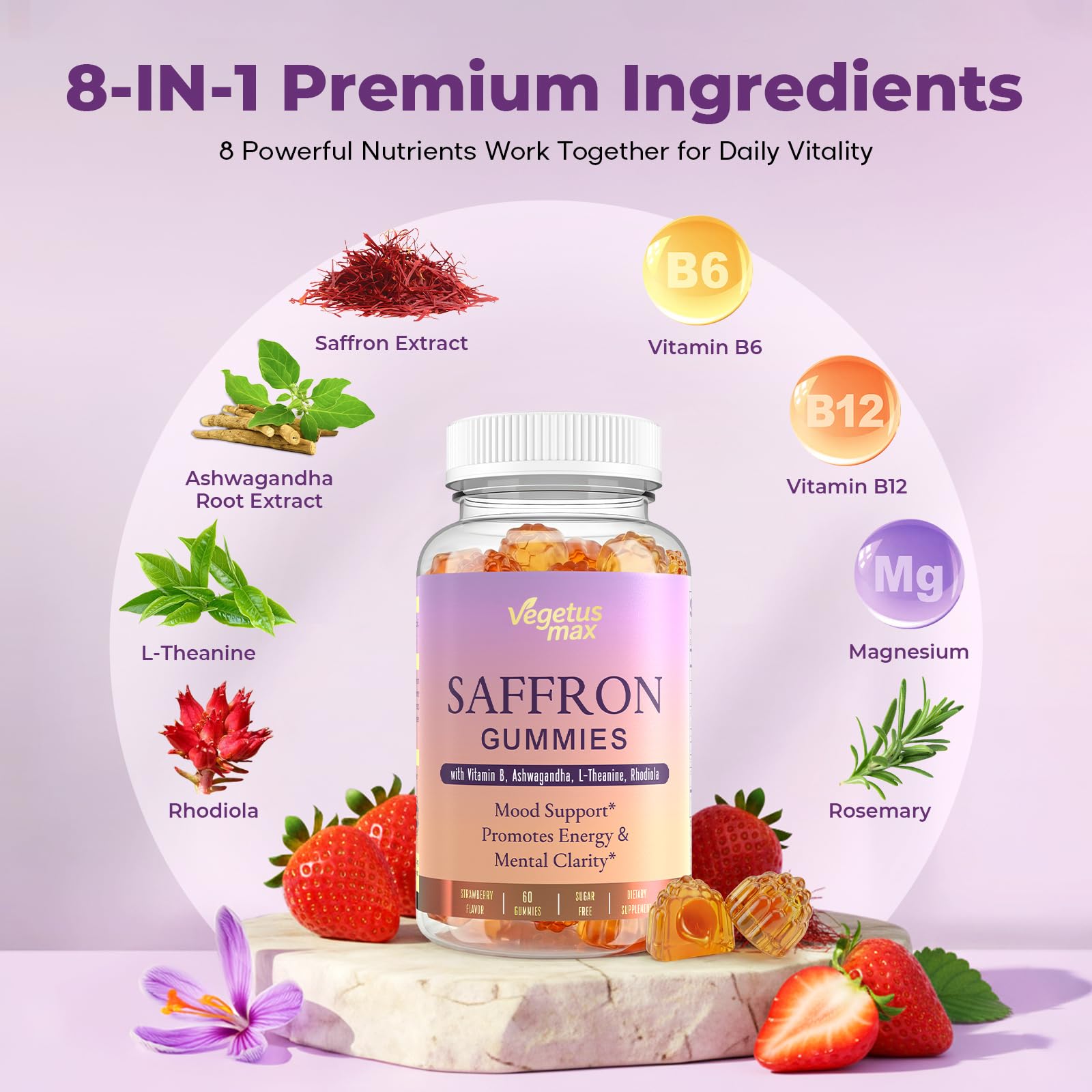 Saffron Supplements Gummies, 88.5mg Pure Saffron Extract with Ashwagandha L-Theanine Rhodiola Rosemary Magnesium Vitamin B6 B12 for Mood Focus Support Adults Kids - 60 Count VEGETUSMAXBuy Supplements Australia