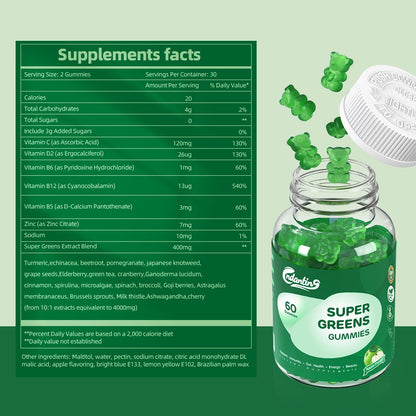 Multivitamin Super Greens Gummies - Daily Vegan Gummy Vitamins for Women, Apple Flavor | Organic Blend with Vitamin C, Turmeric, Zinc, Immune Support, Energy Booster, Metabolism | 60 Count CNDANTINGBuy Supplements Australia