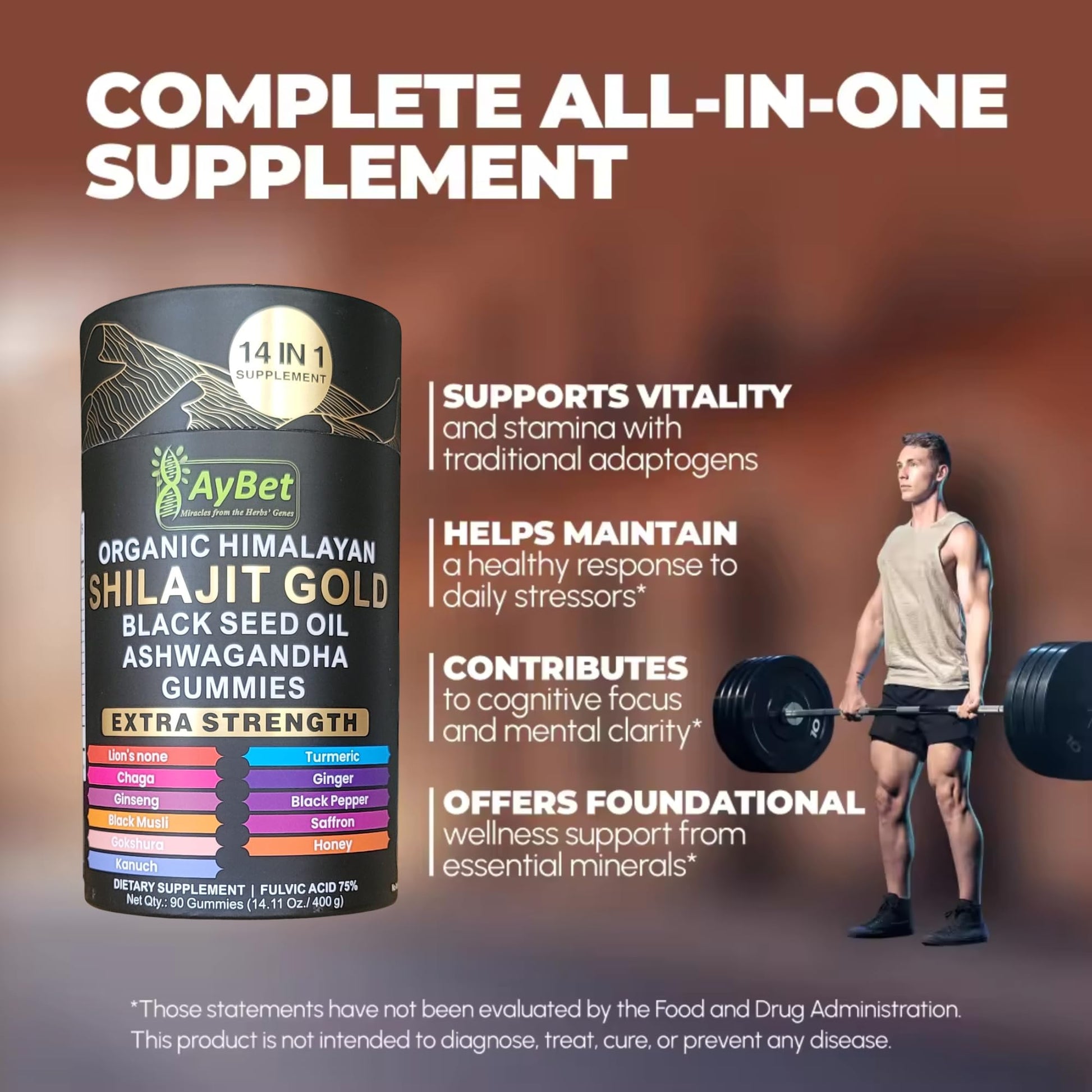 AyBet Organic Himalayan Shilajit Gold Gummies for Men and Women, Black Seed Oil, Ashwagandha, Ginseng, Turmeric, Gokshura, Lion's None, Lab Tested,%75 Fulvic Acid, No Sugar Added, Halal, 90Gummy AyBetBuy Supplements Australia