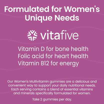vitafive Women's Multivitamin Gummies, Best Multivitamin for Women with Biotin, D3, B12, Zinc, Low Sugar, Gluten Free (50 Ct) vitafiveBuy Supplements Australia