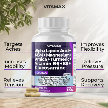 Sciatic Nerve Health Support - Sciatic Nerve Supplement Capsules with Folic Acid, Pea, Glucosamine, MSM, Vitamin B Complex, Alpha Lipoic Acid 300mg – 60ct – Made in USA VitamaxBuy Supplements Australia