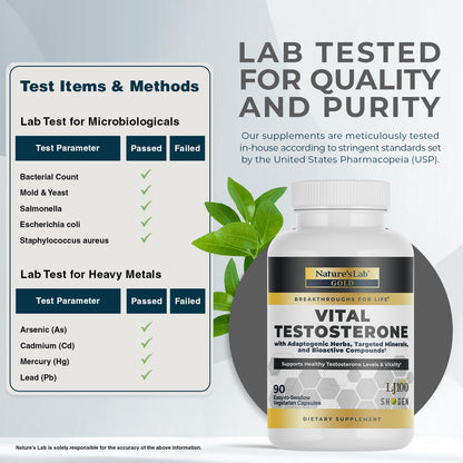 Nature's Lab Gold Vital Testosterone with Adaptogenic Herbs, Targeted Minerals and Bioactive Compounds* - Supports Healthy Testosterone Levels & Vitality* - 90 Capsules (30 Day Supply) Nature's LabBuy Supplements Australia