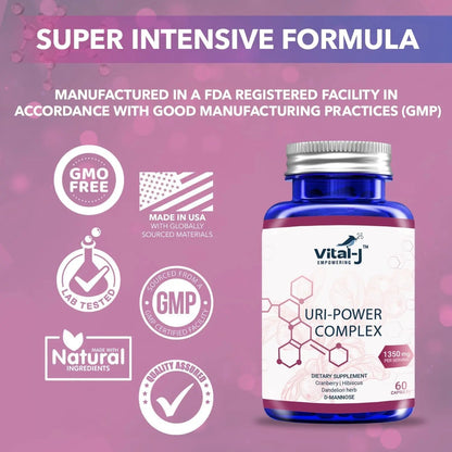 4-IN-1 URI POWER COMPLEX 1350mg - D Mannose, Cranberry, Hibiscus, and Dandelion Herb - Naturally Cleanse the Bladder and Urinary Tract 60 capsules – Specialized Approach for UTI Avoidance Vital-J EmpoweringBuy Supplements Australia