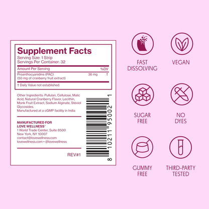Love Wellness Urinary Tract* Quick Melt Strips - Fast-Dissolving UT Support with 36 mg PACs from Cranberry Fruit Extract - Promotes Urinary Health* - No Water Needed - Vegan and Sugar Free - 32 Strips Love WellnessBuy Supplements Australia