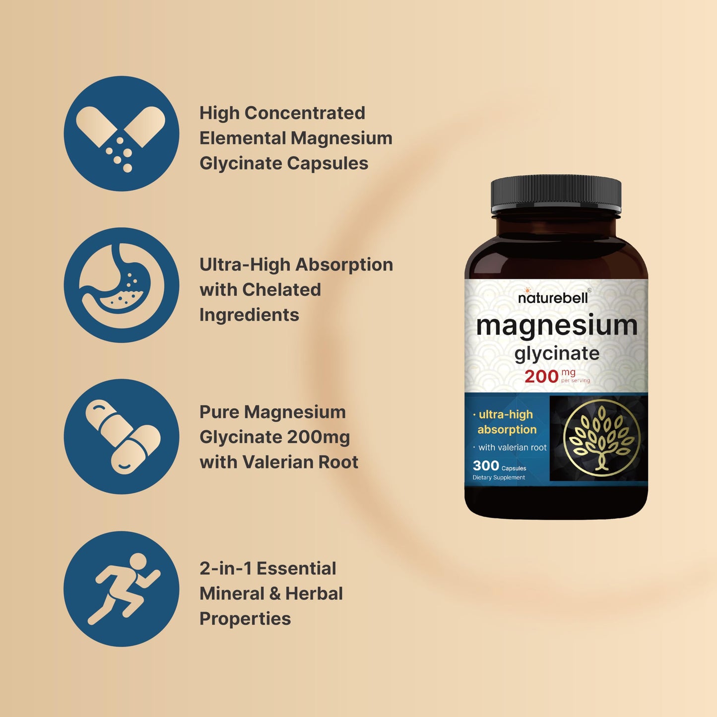 Pure Magnesium Glycinate for Sleep, 200mg with Valerian Root, 300 Capsules | 100% Chelated & Purified Mineral Supplement – Ultra High Absorption – Non-GMO, Gluten Free NatureBellBuy Supplements Australia