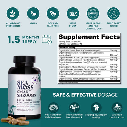 HAPPY FOX Irish Sea Moss Capsules & Mushroom Complex - Organic Seamoss with Adaptogens for Brain Health, 1500mg, 90 Vegan Capsules, Organic Mushroom Supplement HAPPY FOXBuy Supplements Australia