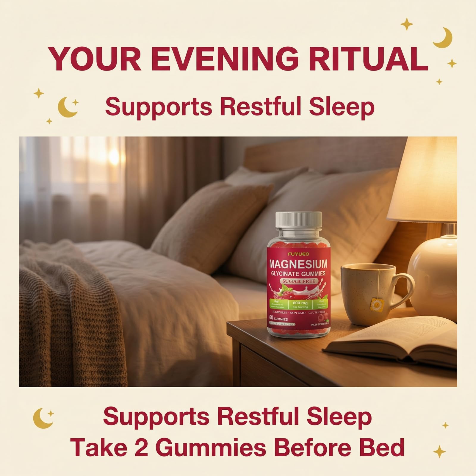 FUYUEO Magnesium Glycinate Gummies for Sleep & Relaxation, Sugar Free High Absorption Magnesium Supplement for Men & Women, Gentle on Stomach, Chewable, Raspberry, 60 Count (Pack of 1) FUYUEOBuy Supplements Australia
