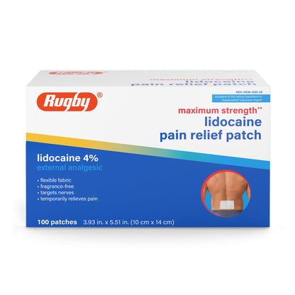 Rugby Maximum Strength 4% Lidocaine Pain Relief Patch- External Analgesic - Flexible Fabric, Fragrance-Free - Temporarily Relieves Pain - 100 Patches (10 cm x 14 cm Each) RUGBY LABORATORIESBuy Supplements Australia