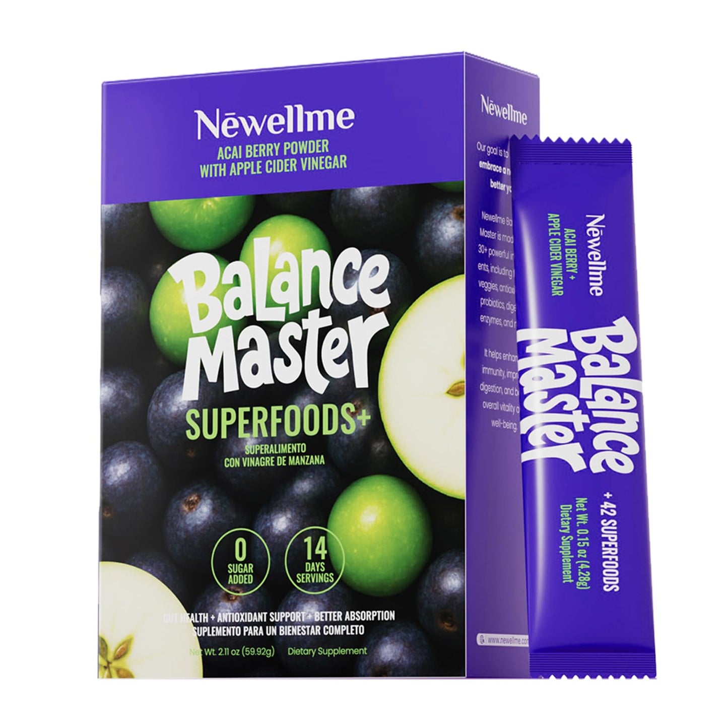 NEWELLME Balance Master Acai Apple Cider Vinegar Powder, Healthy Blood Sugar Support, Probiotics & Digestive Enzymes for Metabolic Support, Vegan Non-GMO, 14 Servings NEWELLMEBuy Supplements Australia