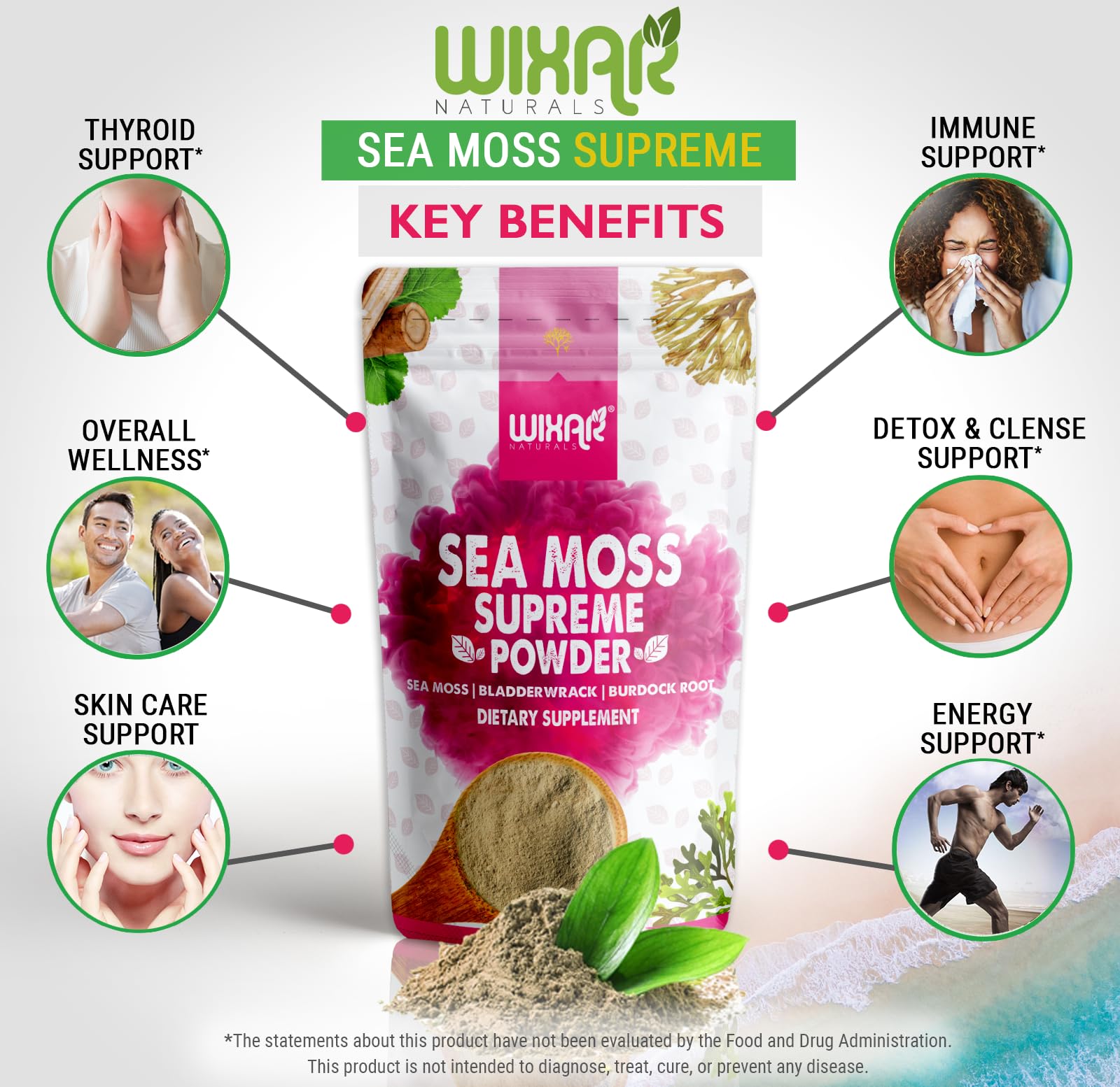 Wixar Wildcrafted Sea Moss Powder – (8 Ounces) – Natural Irish Sea Moss and Bladderwrack with Burdock Powder - Thyroid Support, Healthy Skin, Keto Detox, Joint Support Alkaline Supplements WIXAR NATURALSBuy Supplements Australia