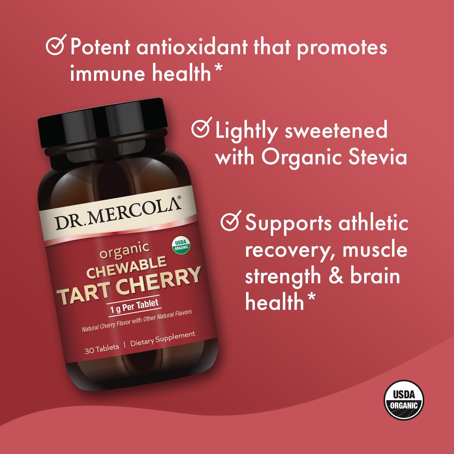 Dr. Mercola Organic Chewable Tart Cherry - Antioxidant Support - Made from Whole-Fruit Montmorency Cherries - USDA Organic - Stevia Sweetened - 30 Tablets Dr. MercolaBuy Supplements Australia
