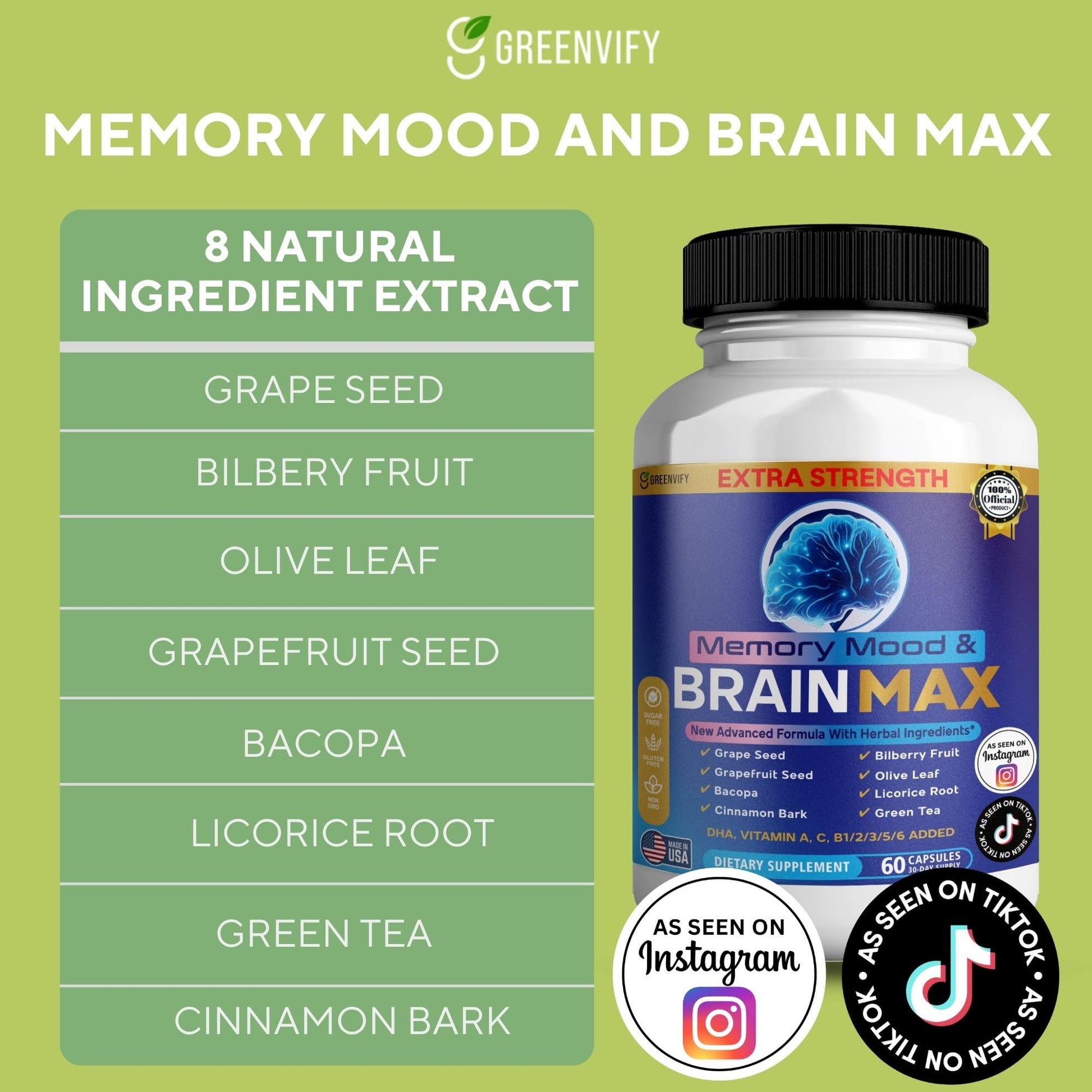 Memory, Mood & Brain Max Extra Strength Supplement with Herbal Ingredients, 60 Capsules, DHA, Vitamins, Bacopa, Green Tea (1) GREENVIFYBuy Supplements Australia