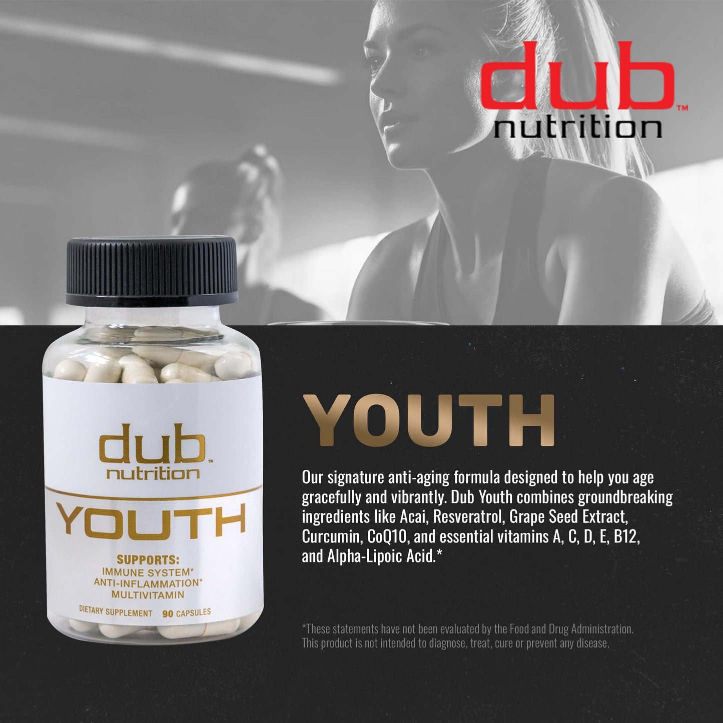 Dub Nutrition Youth - Formula with Acai, Resveratrol, Curcumin, Vitamins A, C, D, E, B12, and CoQ10 - Supports Immunity and Mobility - 90 Capsules Dub NutritionBuy Supplements Australia