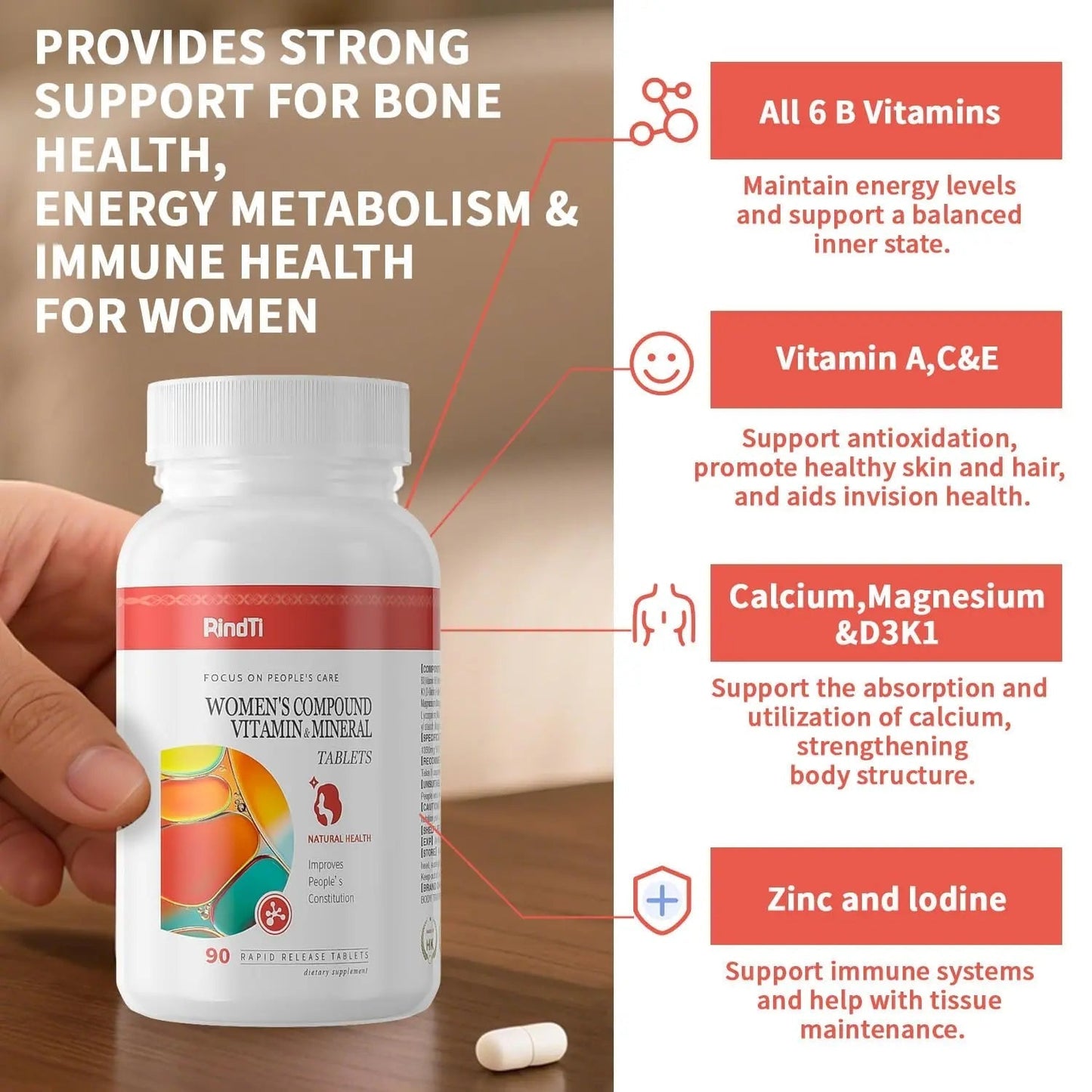RindTi Multivitamin for Women 50+, Daily Women 50+ Multi-Vitamin with Vitamins A, B,C, E for Energy, & Bone & Immune & Skin& Hair Support, 90 ct RindTiBuy Supplements Australia