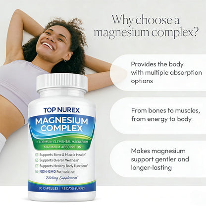Top Nurex Magnesium Complex 1000 mg, 8-Source Magnesium Blend with Glycinate, Citrate, Malate & Taurate, Vegan Formula, Non-GMO, 90 Capsules Top NurexBuy Supplements Australia