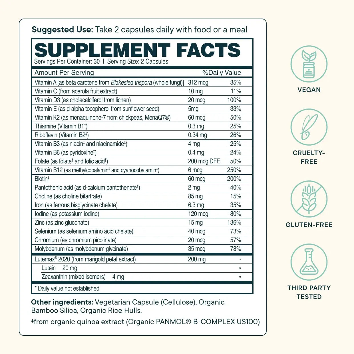 Ora Organic Plant Based Multivitamin for Women and Men, Bluelight Protection - Brain, Eye, Energy, Immune, Skin, Hair, Heart Ora Organic