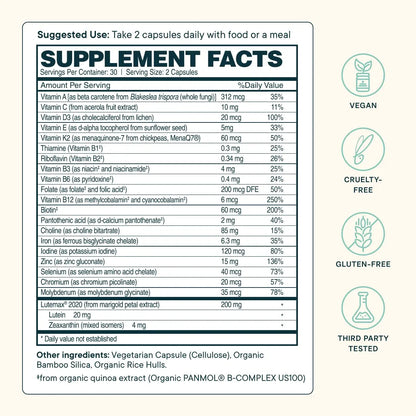 Ora Organic Plant Based Multivitamin for Women and Men, Bluelight Protection - Brain, Eye, Energy, Immune, Skin, Hair, Heart Ora Organic