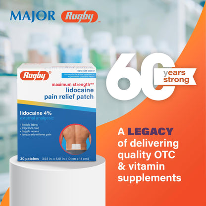 Rugby Maximum Strength Lidocaine Pain Relief Patch - 4% Lidocaine - Topical Anesthetic - Unscented - 30 Patches (1 Pack) RUGBY LABORATORIESBuy Supplements Australia