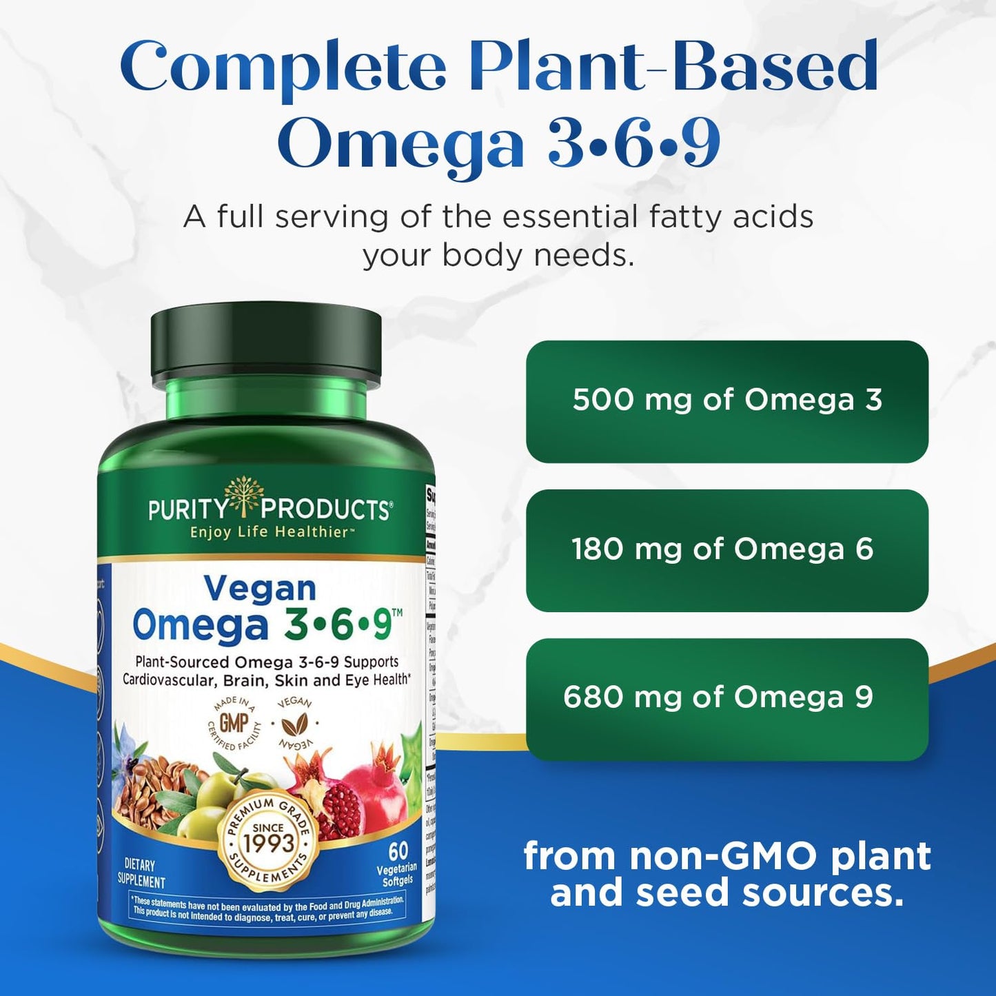 Purity Products Omega 3-6-9 Vegan and Vegetarian Formula - “5 in 1” Essential Fatty Acid Complex - Scientifically Formulated Plant-Based Omega 3 6 9
