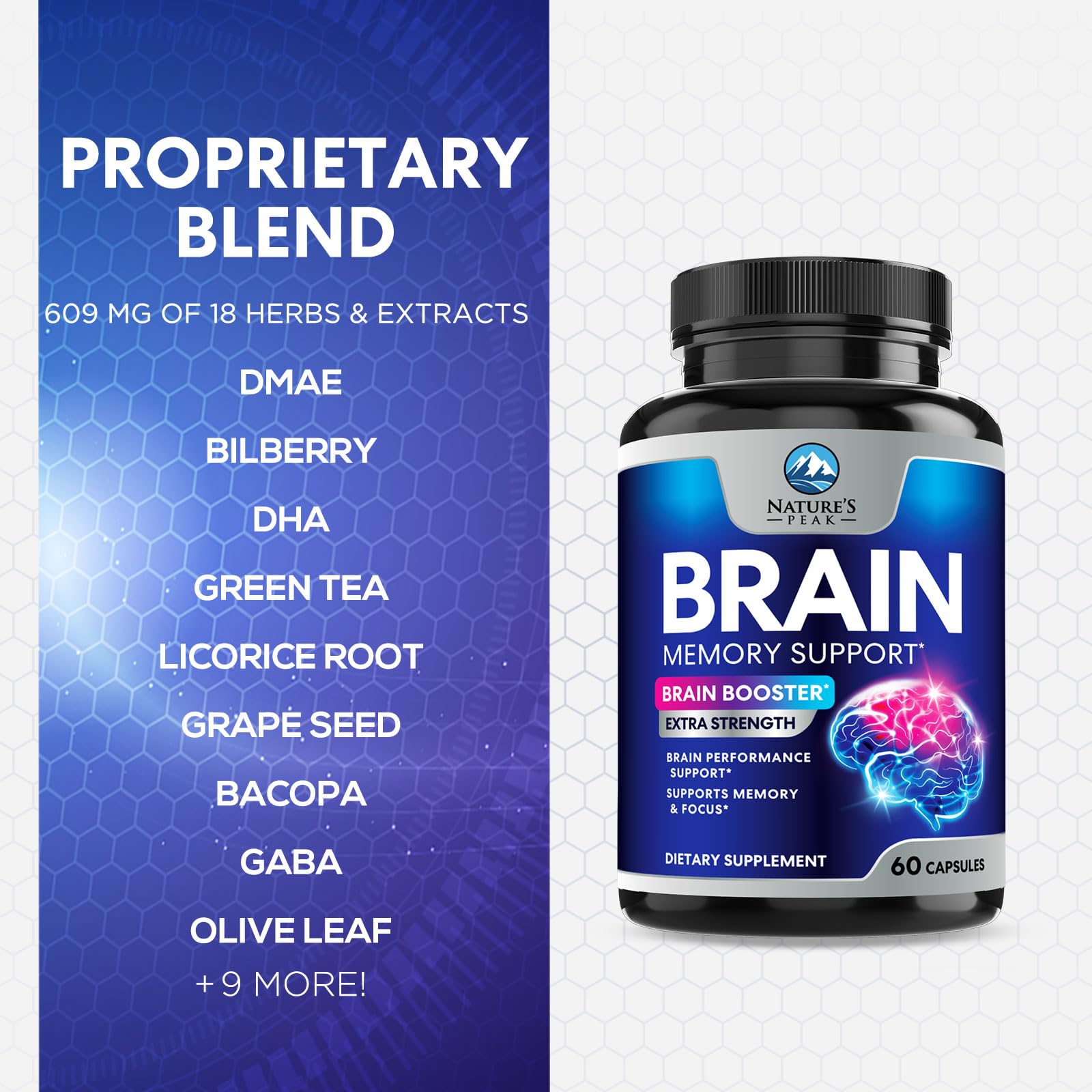 Brain Memory Supplement - 3X Strength Nootropics for Concentration, Clarity & Focus Support - Brain Health Cognitive Vitamins with Bacopa, Phosphatidylserine & DMAE, Brain Booster Pills, 60 Capsules Nature's PeakBuy Supplements Australia