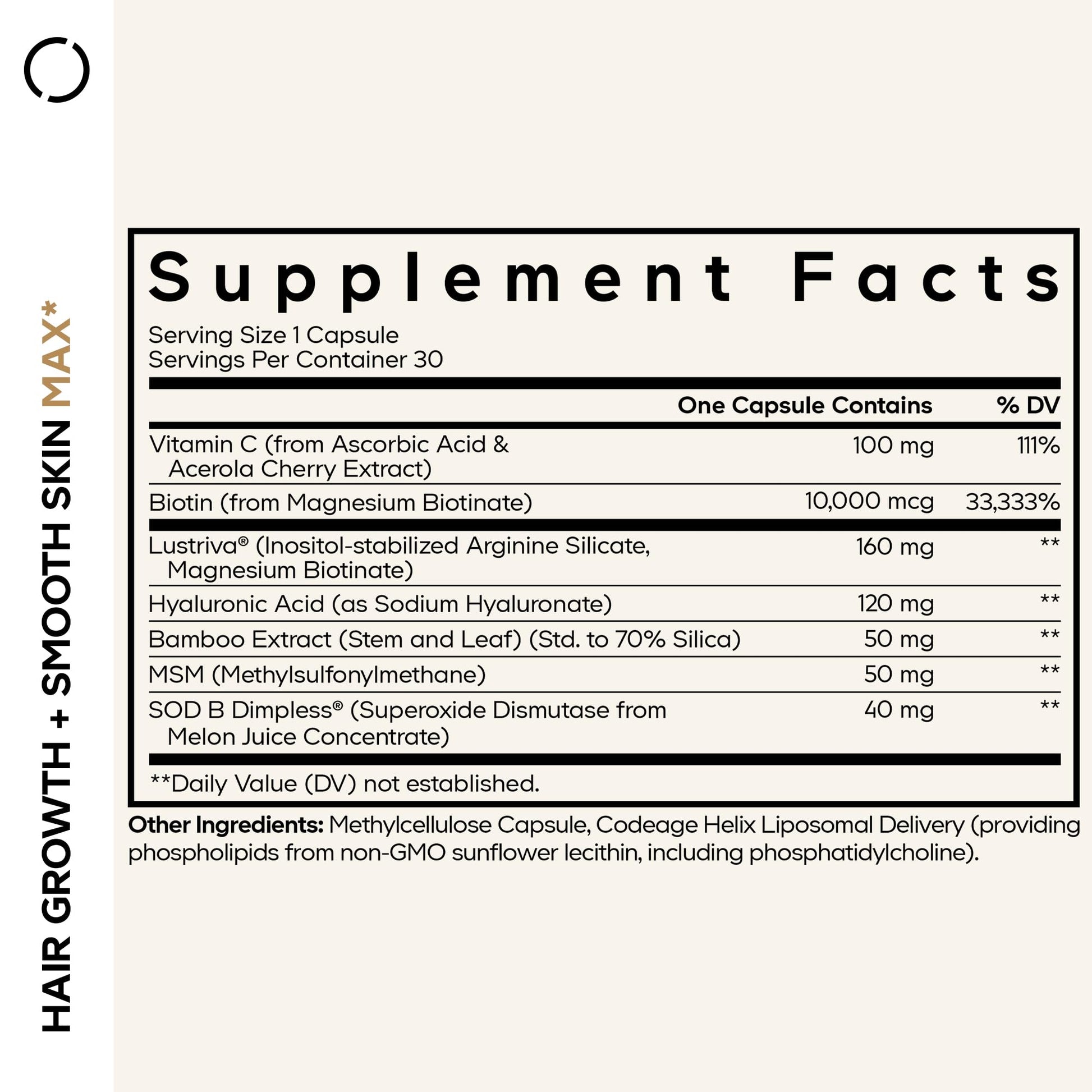 Codeage Hair Growth + Smooth Skin Max Vitamins Supplement - Patented Lustriva & SOD B Dimpless Superoxide Dismutase - Hair Growth Health Skin Cellulite Support - Biotin, Vitamin C, MSM - 30 Capsules CodeageBuy Supplements Australia