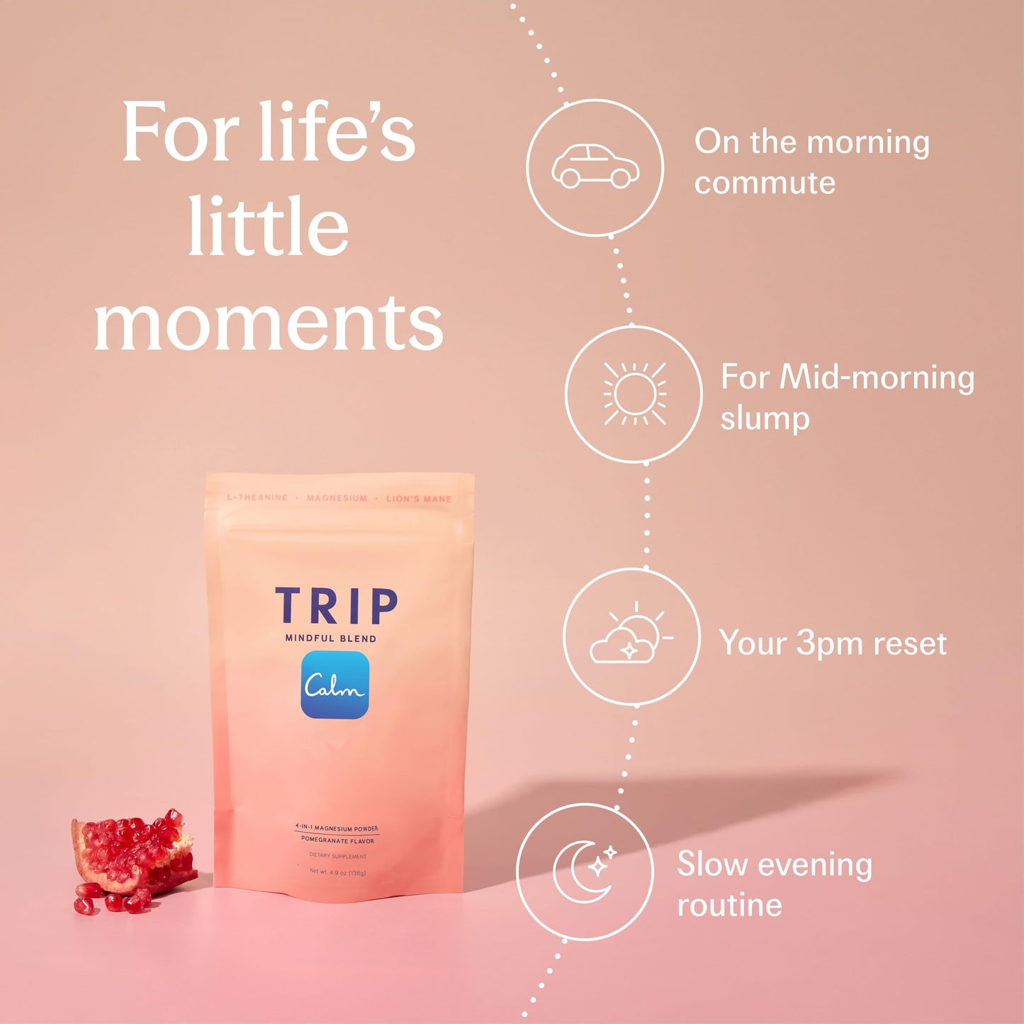 TRIP Magnesium Glycinate Powder with L-Theanine & Lion’s Mane, Sugar Free Magnesium Supplement for Adults, 250mg Magnesium per Drink Mix Serving, Pomegranate Orange Blossom, 1 Bag - 30 Servings TRIPBuy Supplements Australia