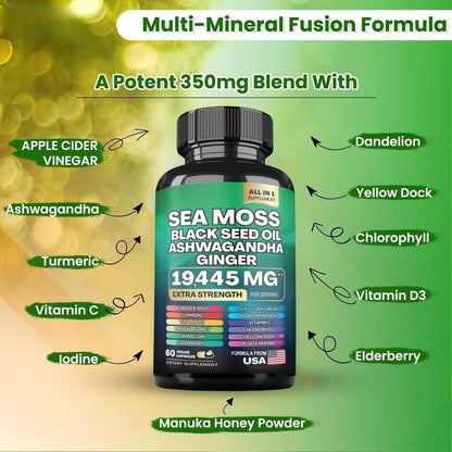 HealthyFinds Sea Moss Black Seed Oil Ashwagandha Ginger Capsules with Turmeric Bladderwrack Burdock & Vitamin C Vitamin D3 with Elderberry Manuka Dandelion Yellow Dock Iodine Chlorophyll ACV HealthyFindsBuy Supplements Australia