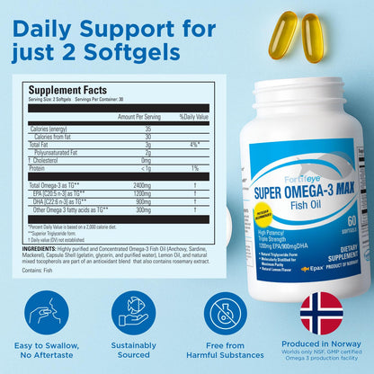 Super Max Omega-3 Fish Oil 2400 mg 30 Days, 60 Capsules - High Potency Fish Oil Omega 3 Supplements for Women & Men, Triglyceride Form with EPA and DHA Supplements No Fishy After Taste Lemon Flavor Fortifeye VitaminsBuy Supplements Australia