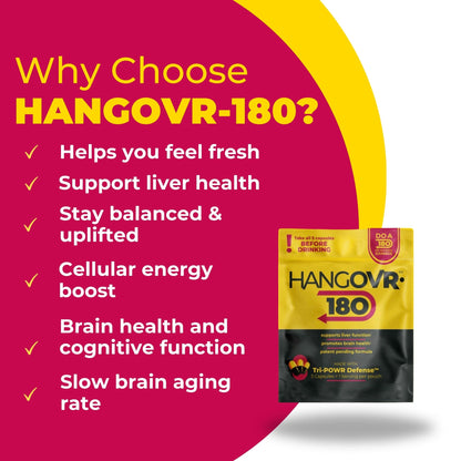 Hangovr 180 Tri-Power Before Drinking Defense 4 Pack - Support Liver & Brain Health, Feel Fresher & Better Energy - - Take Before Drinking for Relief, 3 Capsules per Pouch HANGOVR-180Buy Supplements Australia