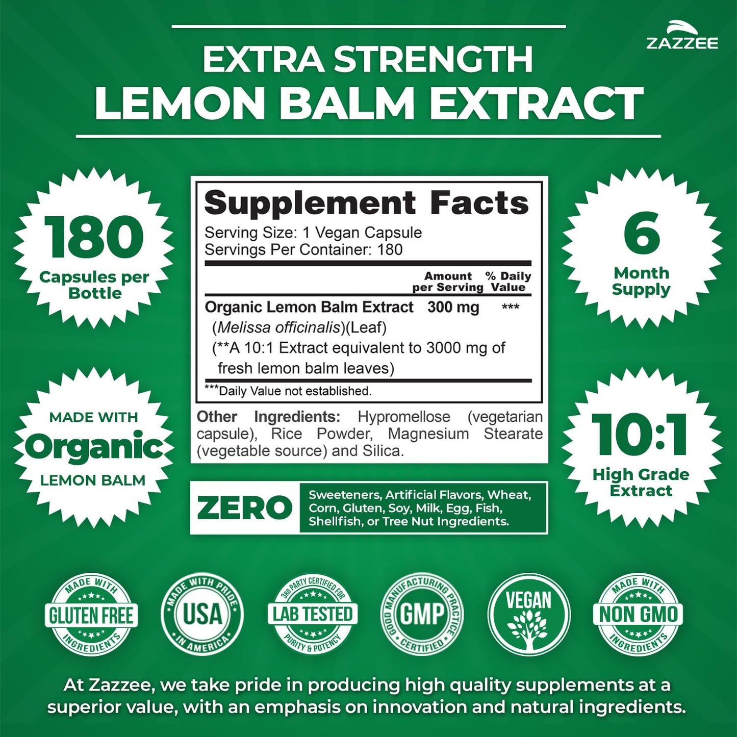 Zazzee Organic Lemon Balm 10:1 Extract, 180 Vegan Capsules, 6 Month Supply, Melissa Officinalis, Calm, Mood, Stress & Relaxation Support, Herbal Supplement, All-Natural, Non-GMO, Made in the USA ZazzeeBuy Supplements Australia