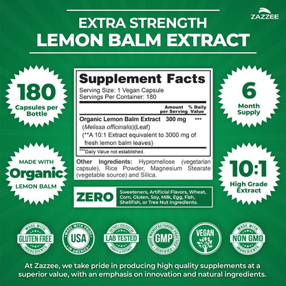 Zazzee Organic Lemon Balm 10:1 Extract, 180 Vegan Capsules, 6 Month Supply, Melissa Officinalis, Calm, Mood, Stress & Relaxation Support, Herbal Supplement, All-Natural, Non-GMO, Made in the USA ZazzeeBuy Supplements Australia