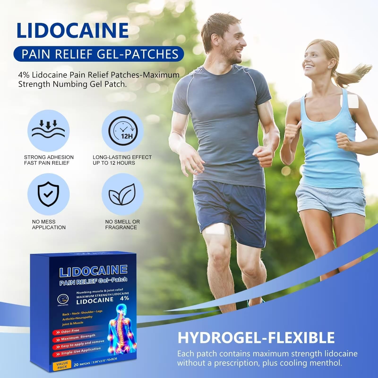 KIbabyDI Professional Lidocaine Pain Relief Patches - 20 Count | 4% Medicated Gel Patches for Targeted Joint & Muscle Comfort | Long-Lasting 12-Hour Relief, Ultra-Flexible Design -lb263 KIbabyDIBuy Supplements Australia