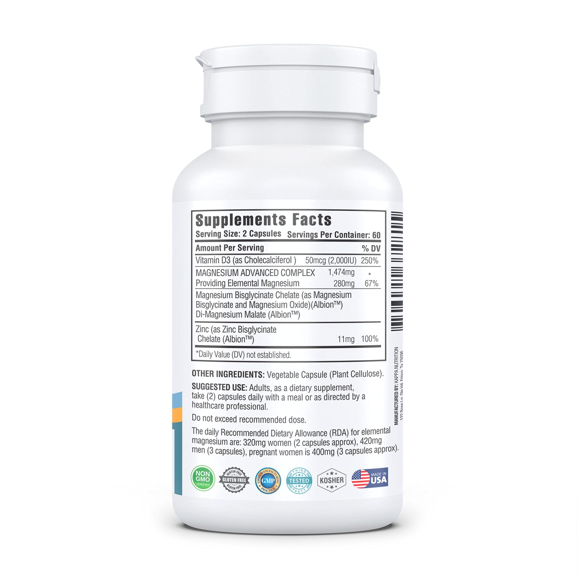 Kappa Nutrition Magnesium 4-in-1, 280mg Elemental Magnesium (Bisglycinate, Malate) + Zinc & Vitamin D3, Brain, Sleep, Energy, Muscle, Immune Support, 120 Vegan Capsules. KAPPA NUTRITIONBuy Supplements Australia