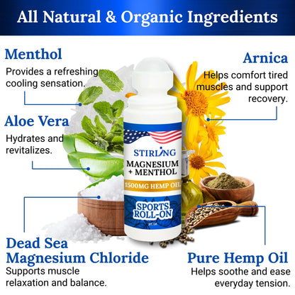 Stirling Menthol Roll On Lotion with Magnesium and 1500mg Pure Hemp - Non-GMO, THC-Free - Fast-Acting Relief for Sore Muscles and Joints, Reduces Swelling and Redness, Promotes Post-Workout Recovery STIRLINGBuy Supplements Australia