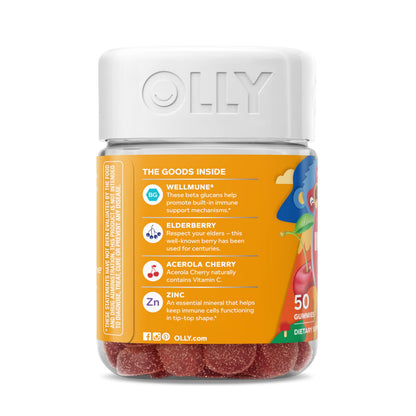 OLLY Kids Immunity Gummy, Immune Support, Wellmune, Elderberry, Vitamin C, Zinc, Chewable Supplement, Cherry - 50 Count