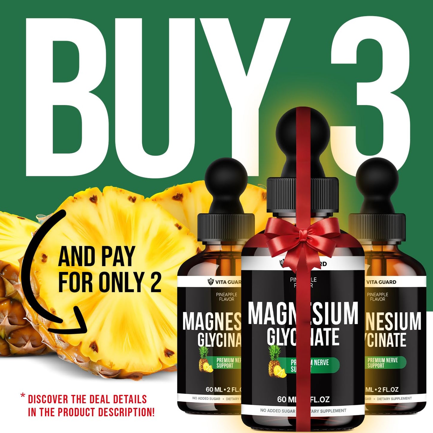 Magnesium Glycinate 500mg Liquid Drops – Sugar-Free Magnesium Supplement, Vegan Formula, 60 mL Flavor Pineapple Vita GuardBuy Supplements Australia