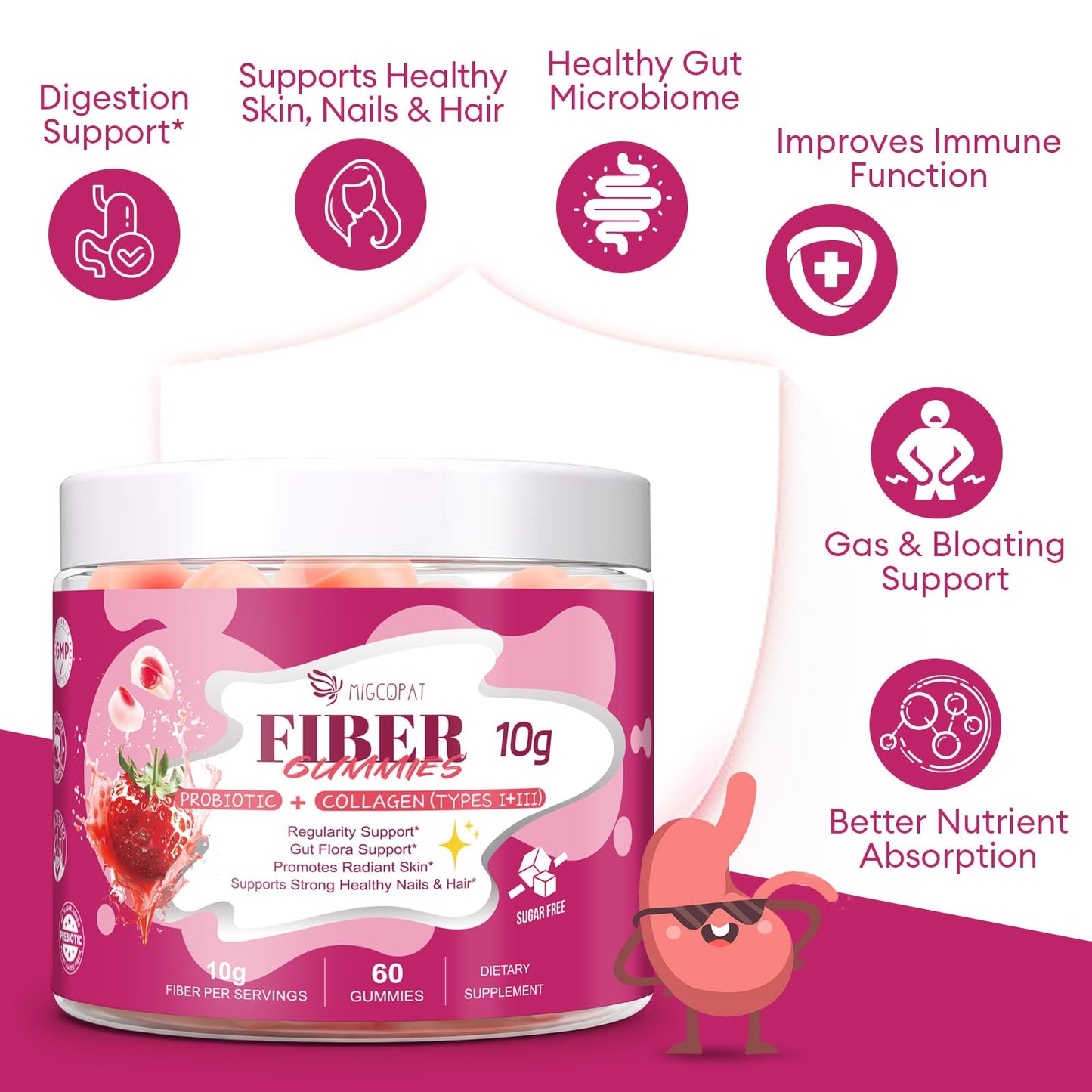 Migcopat 10G Fiber Gummies with Collagen Peptides, Hyaluronic Acid, Vitamin C, ACV, 30 Billion CFU Probiotics – Sugar Free Collagen Gummy for Skin, Hair & Nails
