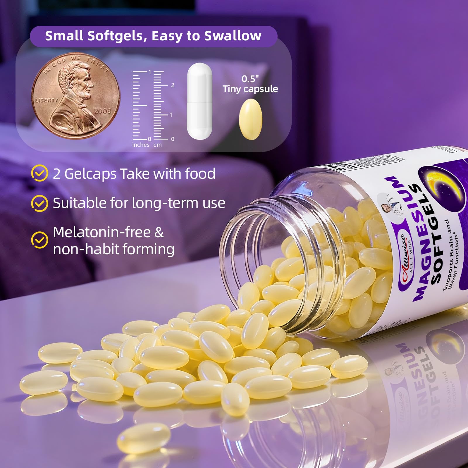 Magnesium Glycinate 400mg Softgels, Small Easy to Swallow High Absorption Magnesium Supplement, with Vitamin D3 & K2 for Sleep Relax Calm Muscle Bone* Health, 120 Gelcaps AlliwiseBuy Supplements Australia