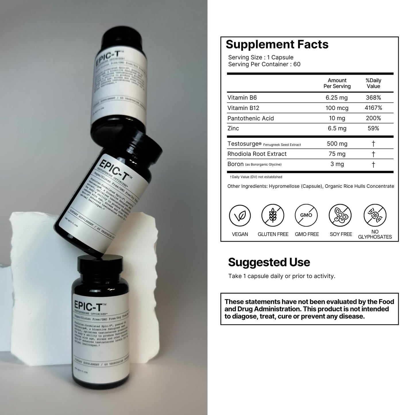 EPIC-T Testosterone Support Supplement for Men | Plant-Based Formula with Testosurge, B-Complex, B12, Zinc & Boron | Vegan, Non-GMO Daily Support EPICBuy Supplements Australia
