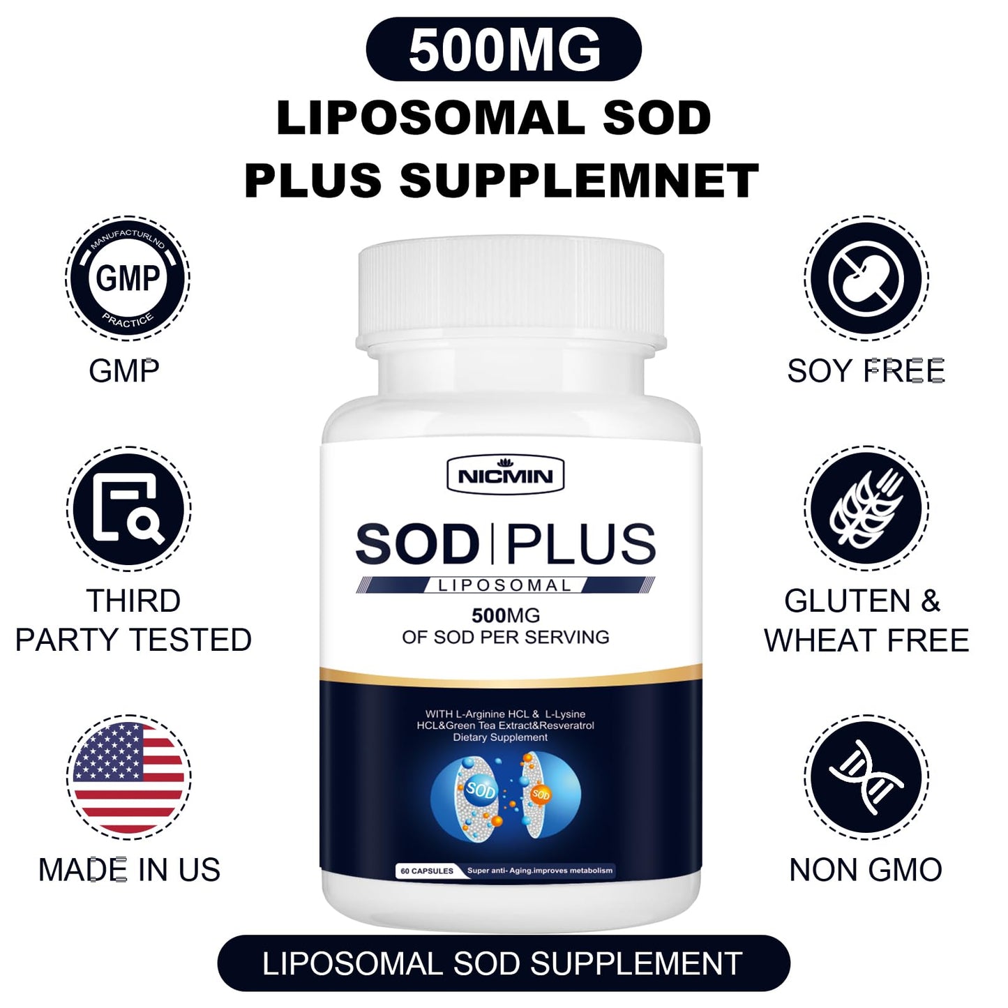 NICMIN 500MG Superoxide Dismutase Supplement - SOD Plus with Liposomal Glutathione, AKG, Green Tea Extract, L-Arginine, Lysine, Resveratrol and Vitamin E for Immune Support, Antioxidant 120 Capsules NICMINBuy Supplements Australia
