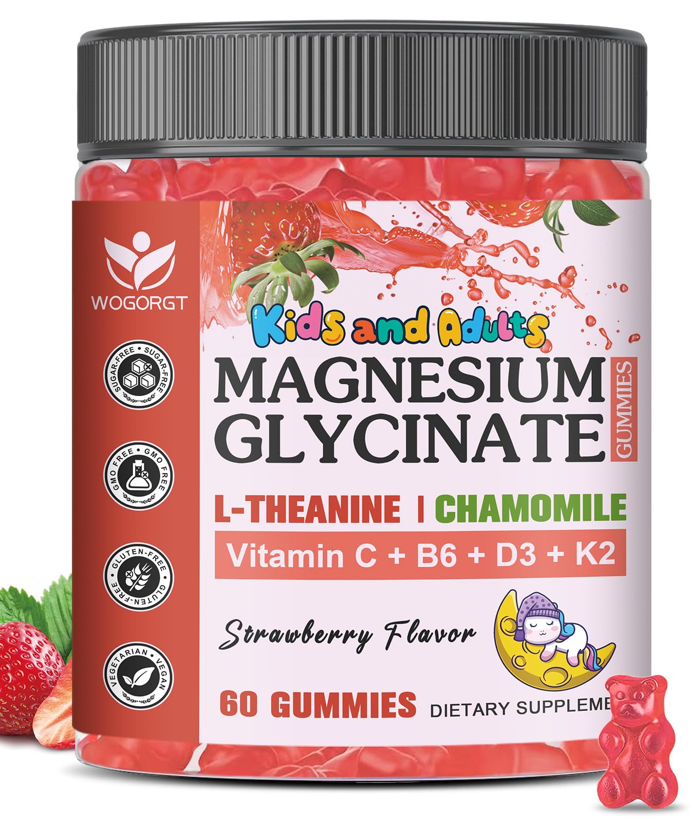 Magnesium Glycinate Gummies for Kids & Adults - Relaxation & Cognition Support - 400/200mg Magnesium Supplement with L-Theanine, Chamomile, B6, D3 & K2