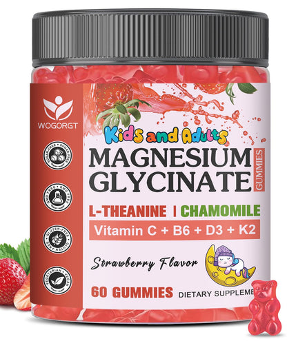 Magnesium Glycinate Gummies for Kids & Adults - Relaxation & Cognition Support - 400/200mg Magnesium Supplement with L-Theanine, Chamomile, B6, D3 & K2