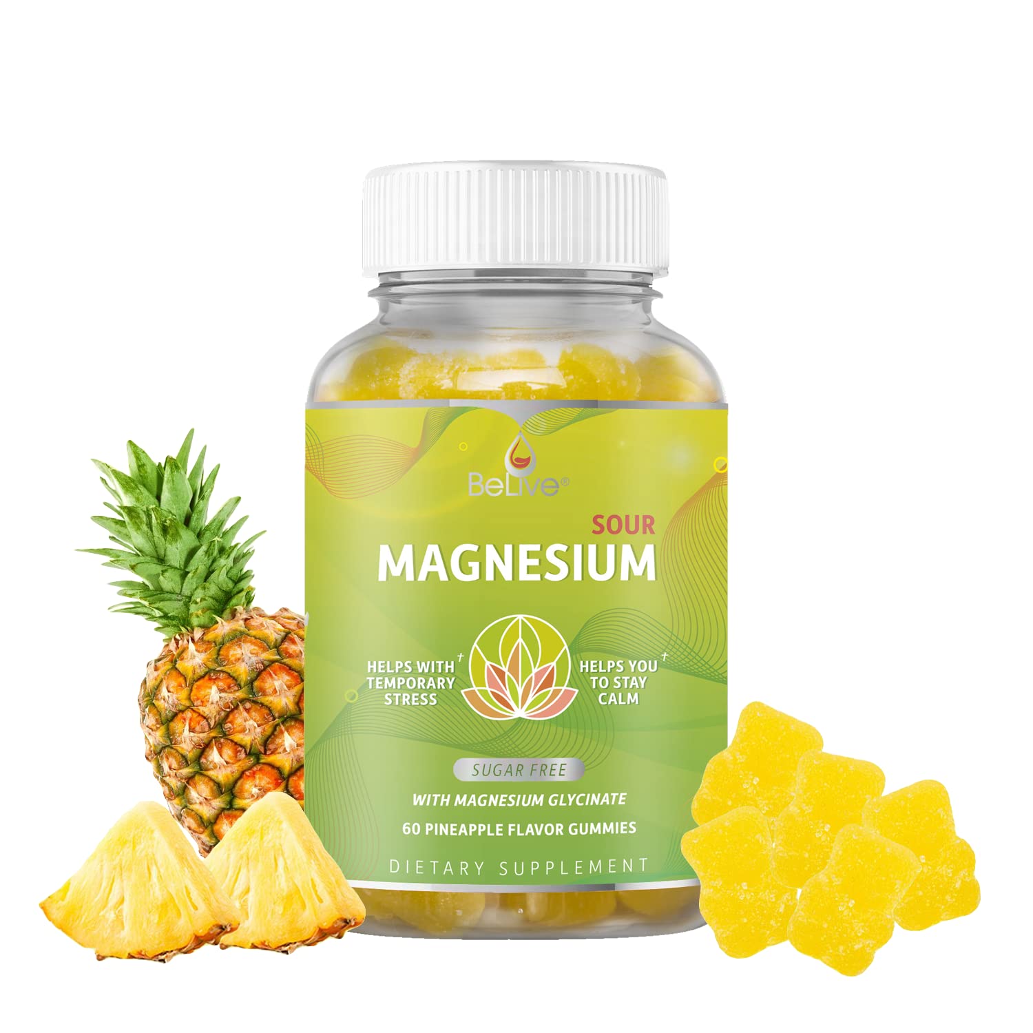 BeLive Magnesium Gummies 200mg - 60 Ct | Magnesium Glycinate Supplements for Relaxation, Stress Relief, and Sleep for Adults & Kids - Tasty and Tangy Pineapple Flavor BeLiveBuy Supplements Australia