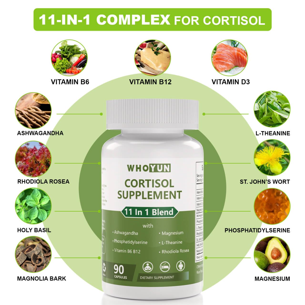 Whoyun Cortisol Supplement for Women, 11 in 1 Lower Cortisol Blend with Ashwagandha, Phosphatidylserine, Magnesium, L-Theanine, Vegan, 90 Capsules WhoyunBuy Supplements Australia
