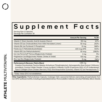 Codeage Athlete Multivitamin Platinum – Sports Supplement with Vitamins & Minerals, Folate, Iron & Magnesium, Creatine, Taurine, Electrolytes, CoQ10, PQQ, UC-II Collagen – Non-GMO – 120 Capsules CodeageBuy Supplements Australia