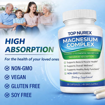 Top Nurex Magnesium Complex 1000 mg, 8-Source Magnesium Blend with Glycinate, Citrate, Malate & Taurate, Vegan Formula, Non-GMO, 90 Capsules Top NurexBuy Supplements Australia