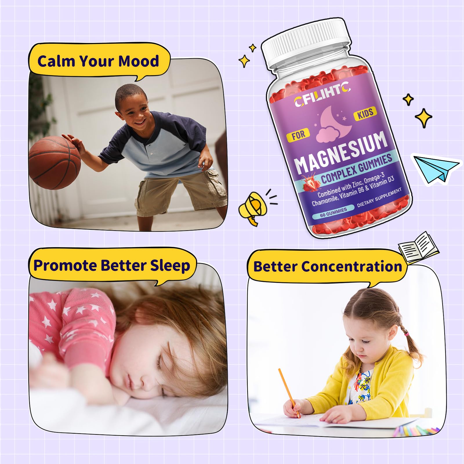 Kids Magnesium Gummies-Magnesium Glycinate Gummies for Kids Supplement-w/Zinc, Chamomile, Omega-3, Vitamin B6, D3 - for Sleep, Relaxation, Brain, Bones, Children's Calm, Sugar Free Strawberry 60ct CFILIHTCBuy Supplements Australia