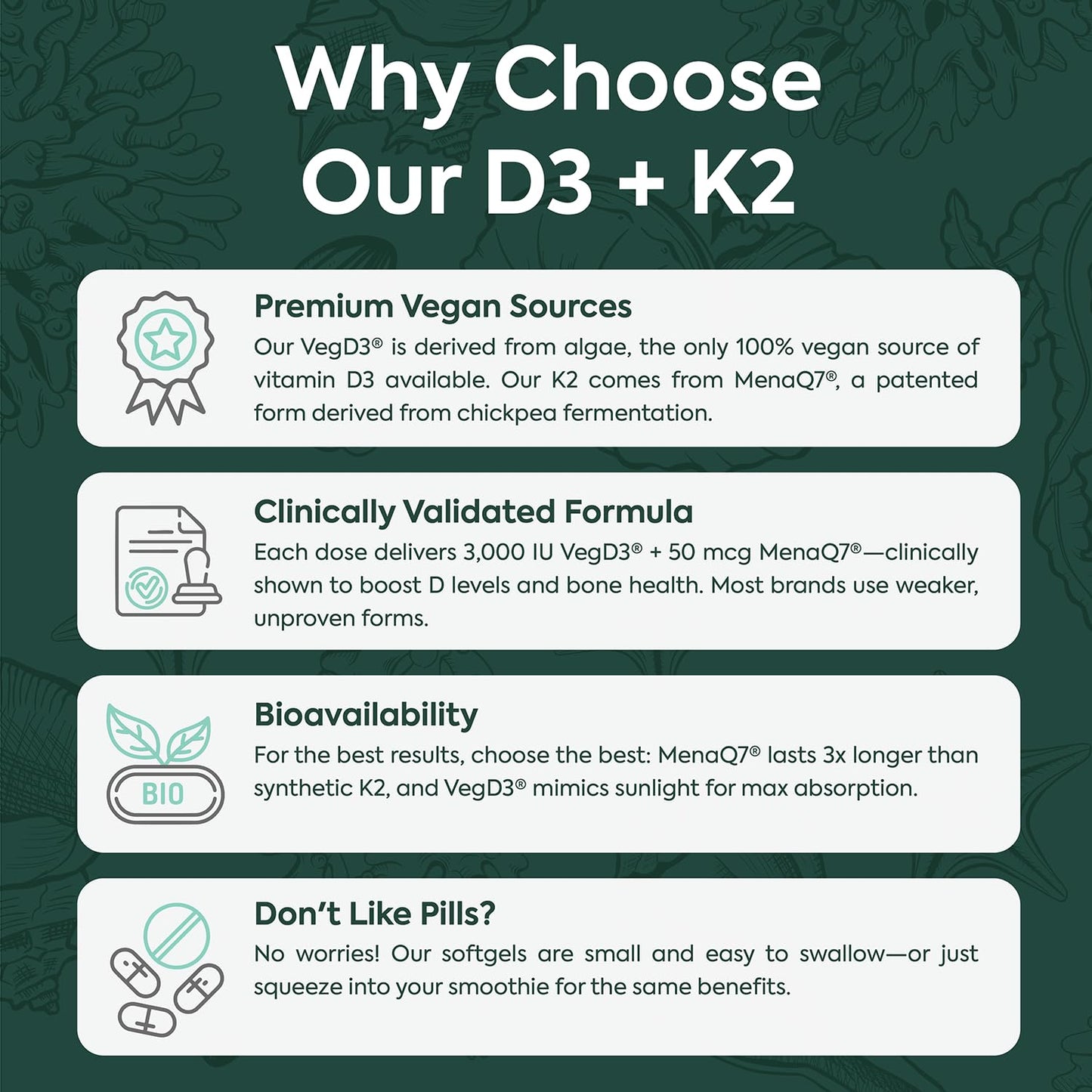 Organics Ocean Better D3 + K2-100% Organic VIT D3 and K2 Supplements with Maximum Bioavailability - Supports Bone Density, Calcium Balance