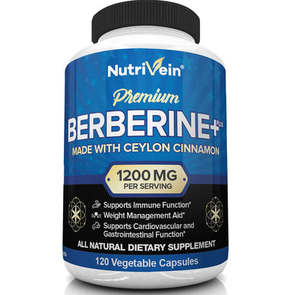 Nutrivein Premium Berberine HCL 1200mg Plus Organic Ceylon Cinnamon - 120 Capsules
