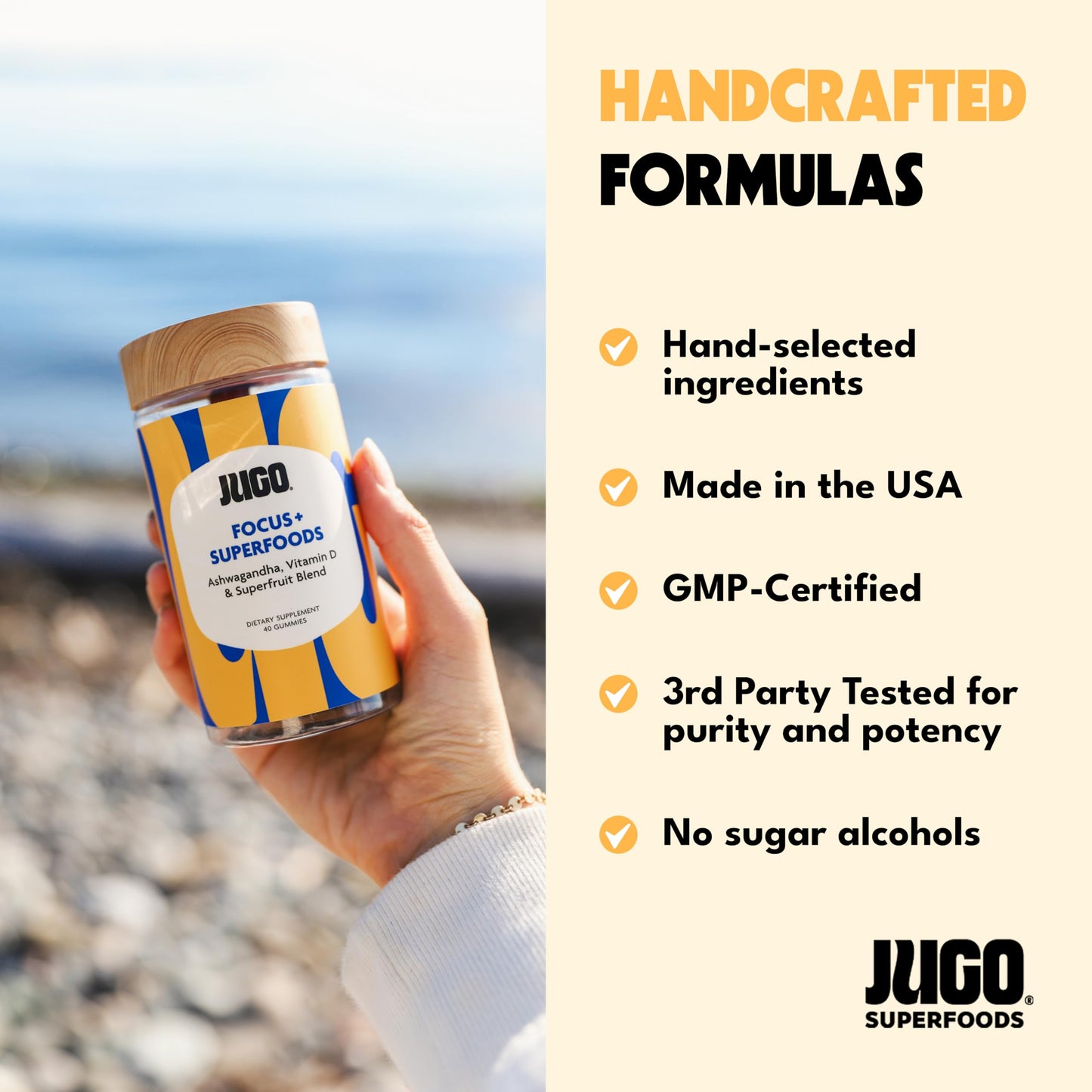 JUGO Focus + SUPERFOODS Ashwagandha Gummies with Vitamin D3 & Superfruit Blend, Vegetarian-Friendly Focus Supplement with Adaptogens, Gelatin-Free and Gluten-Free, Non-GMO, Made in USA, 40 Coun JUGO LLCBuy Supplements Australia